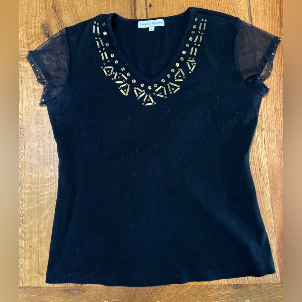 Bamboo Traders Black Stretch Cotton Top with Beautiful Details, Size Large